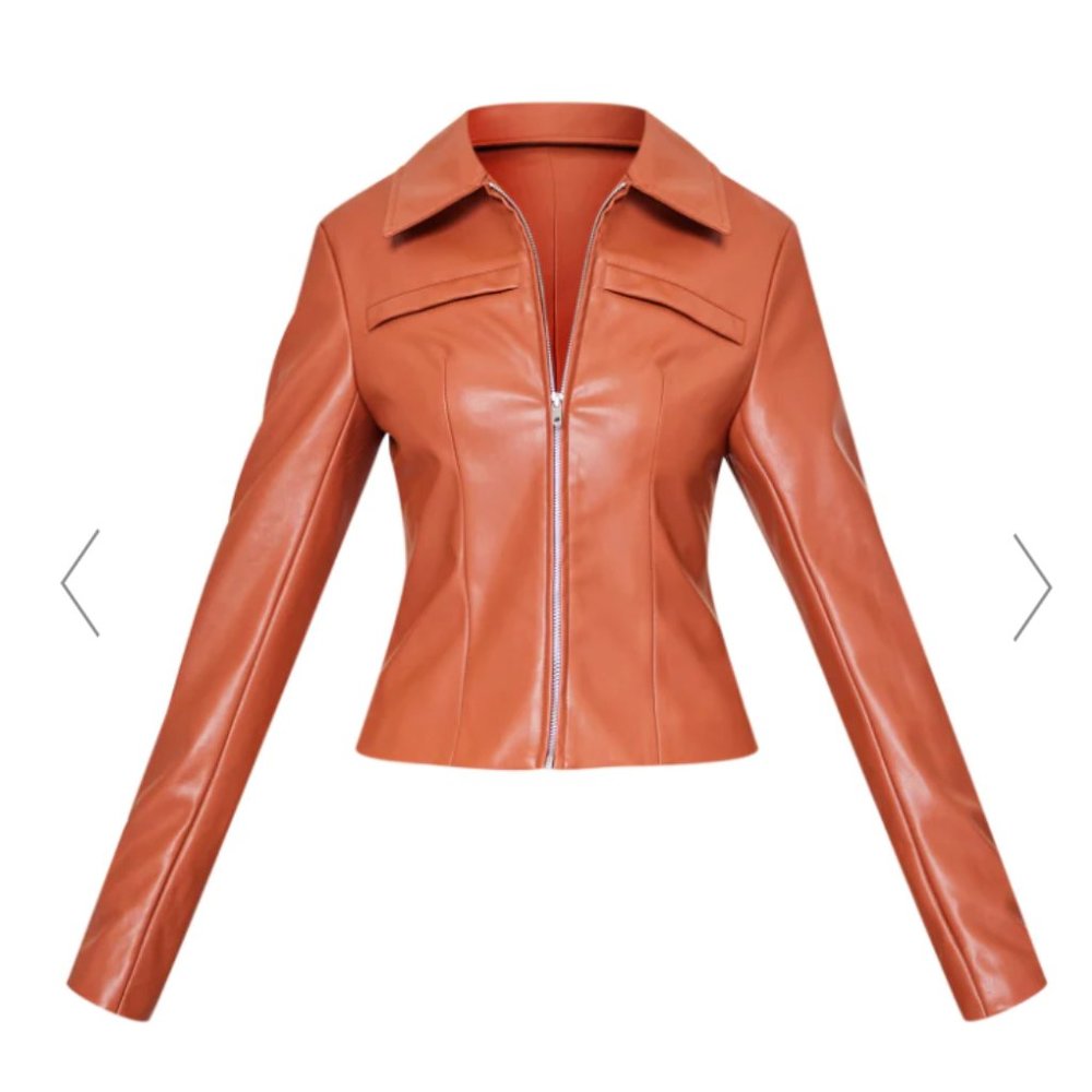 TAN SEAM FRONT ZIPPED FAUX LEATHER JACKET